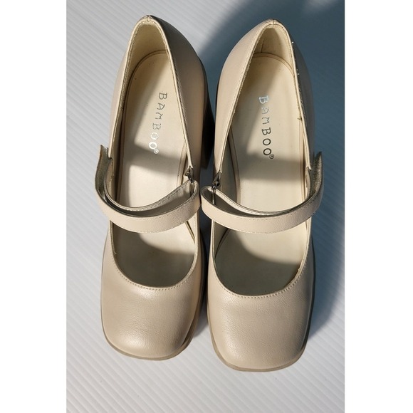 Bamboo‎ Mary Jane Pumps Chunky Heels Platform Beige Shoes SIZE 6 /36 - Picture 2 of 8